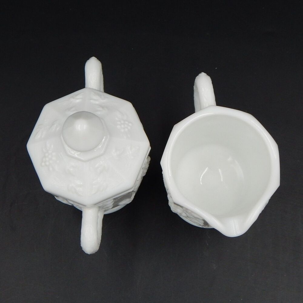 Westmoreland Paneled Grapes White Milk Glass Lidded Sugar Bowl & Creamer Set - Picture 5 of 9